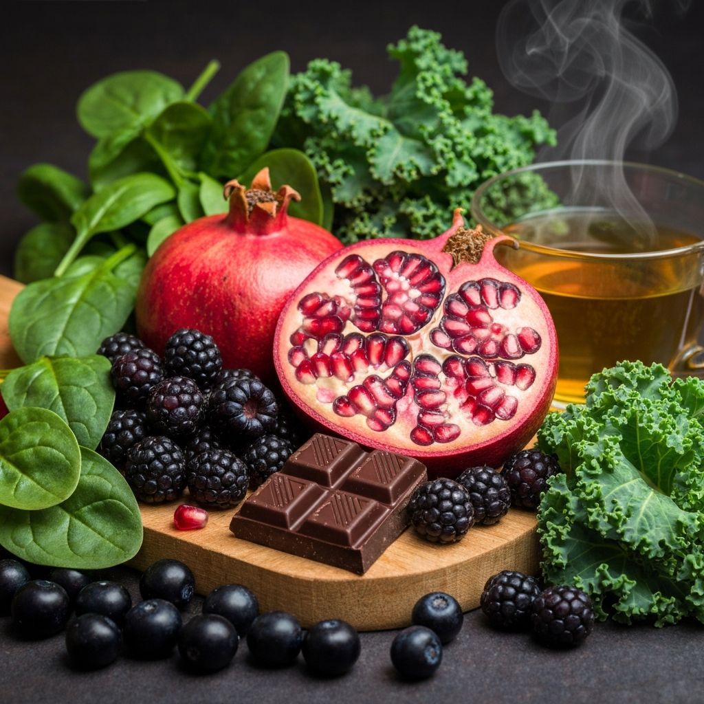 Colorful antioxidant-rich foods including berries and leafy greens