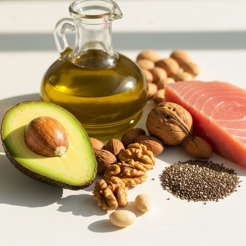 Foods rich in healthy fats including avocados, nuts, and oils